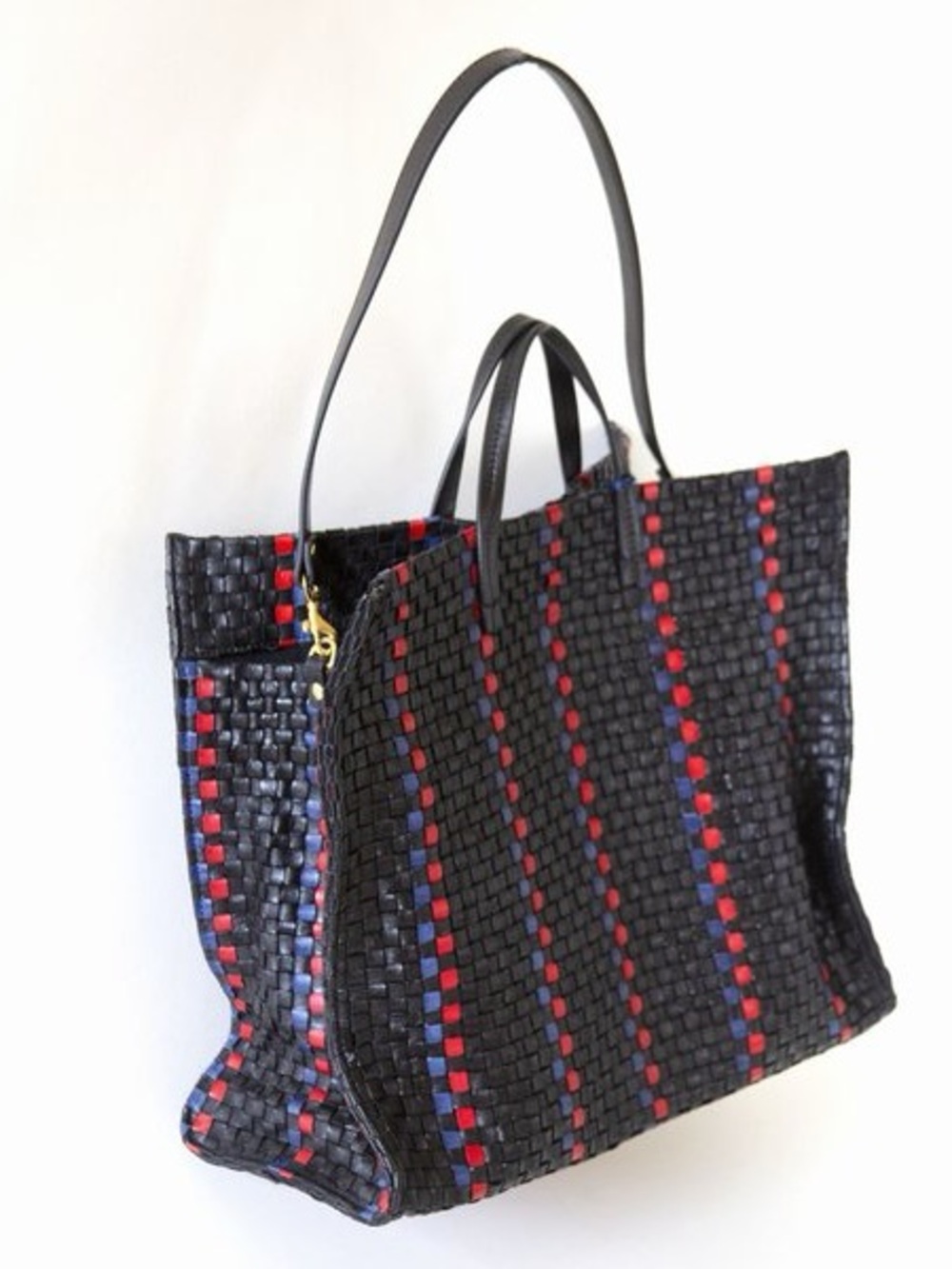 CLARE V. Woven Black Tote with Red and Navy Accent Stripes - Picture 11 of 12